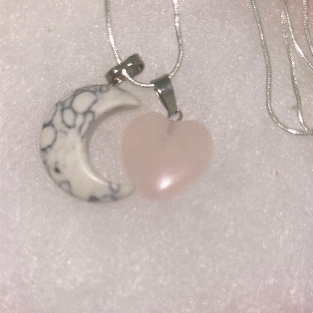 Rose Quartz Heart & Howlite Moon Sterling Silver 18” Necklace